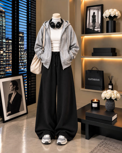 Zipper Hoodie,White Rib Net Highneck & Black Wide-Leg Trouser as Pack of Threes