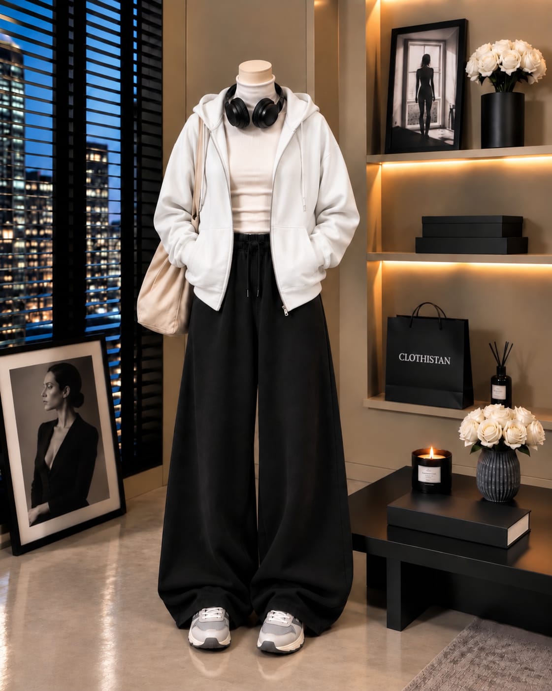Zipper Hoodie,White Rib Net Highneck & Black Wide-Leg Trouser as Pack of Threes