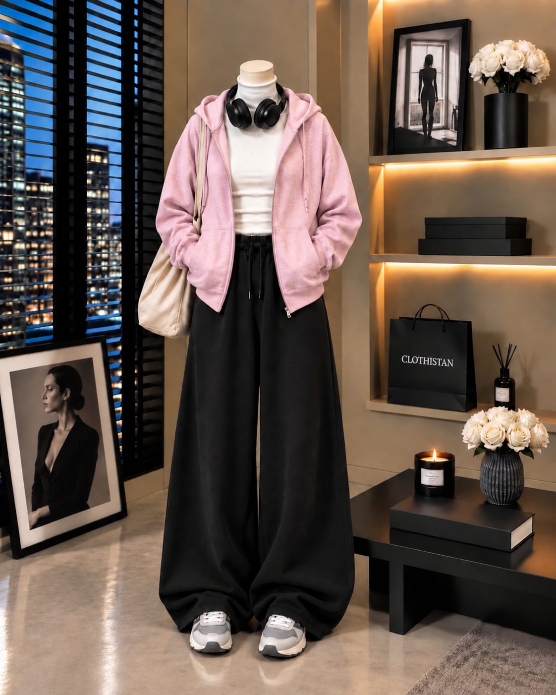 Zipper Hoodie,White Rib Net Highneck & Black Wide-Leg Trouser as Pack of Threes