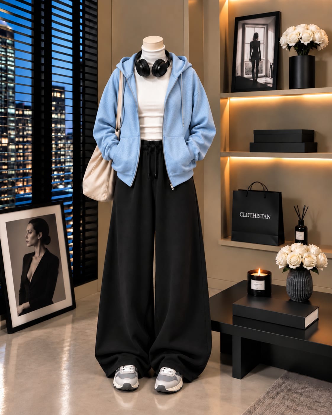 Zipper Hoodie,White Rib Net Highneck & Black Wide-Leg Trouser as Pack of Threes