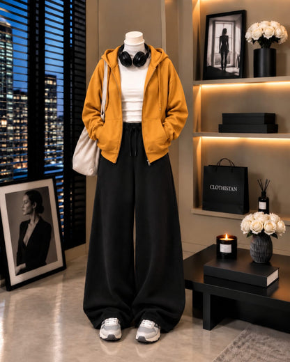 Zipper Hoodie,White Rib Net Highneck & Black Wide-Leg Trouser as Pack of Threes