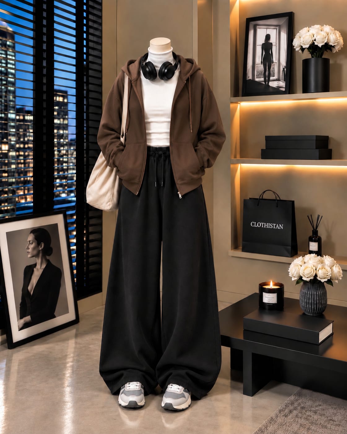 Zipper Hoodie,White Rib Net Highneck & Black Wide-Leg Trouser as Pack of Threes