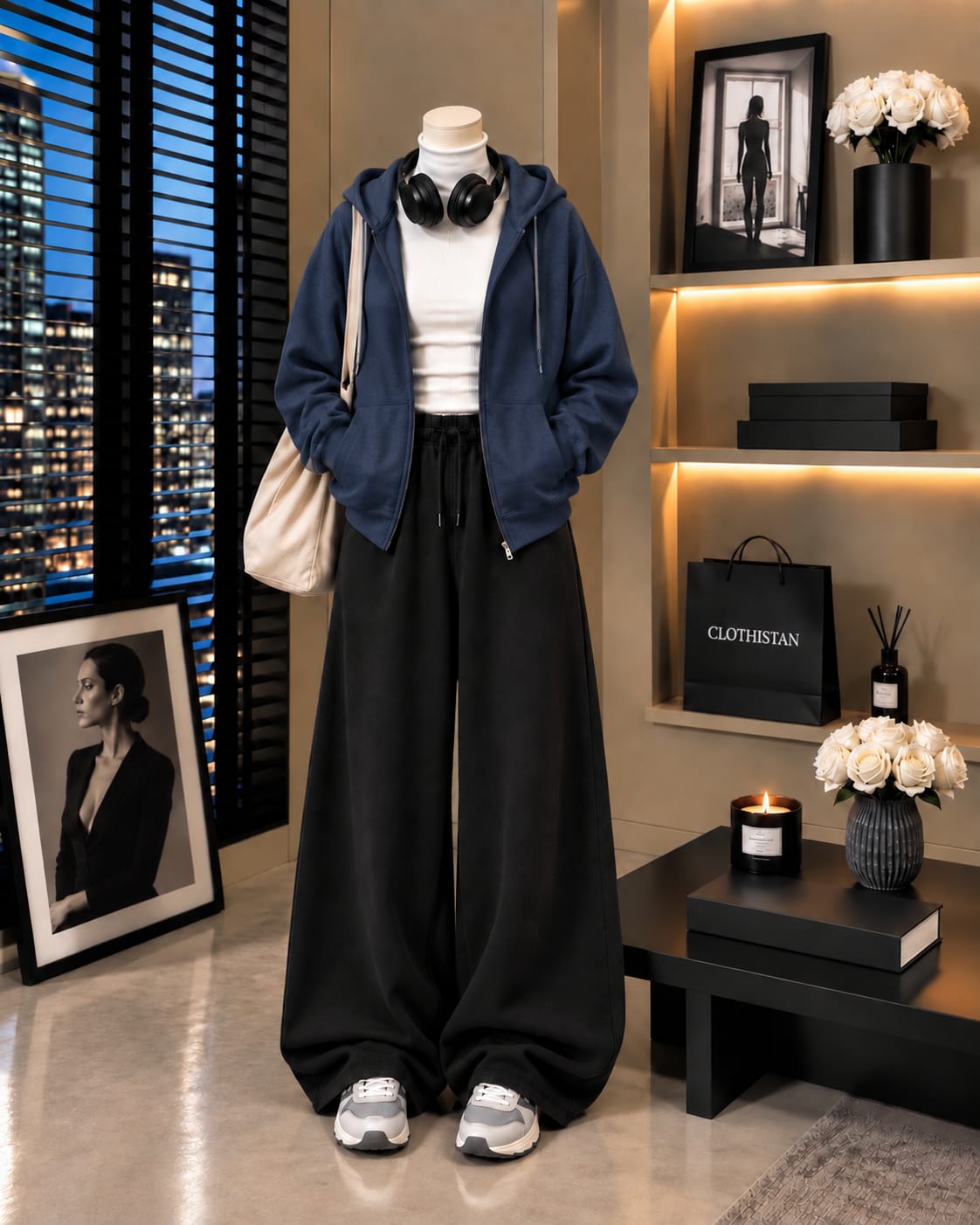 Zipper Hoodie,White Rib Net Highneck & Black Wide-Leg Trouser as Pack of Threes