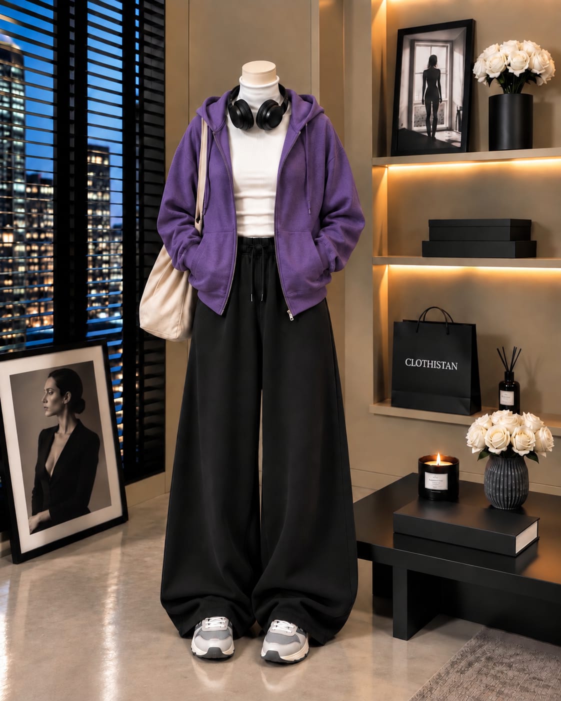 Zipper Hoodie,White Rib Net Highneck & Black Wide-Leg Trouser as Pack of Threes