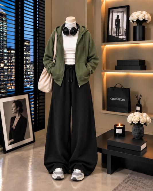 Zipper Hoodie,White Rib Net Highneck & Black Wide-Leg Trouser as Pack of Threes