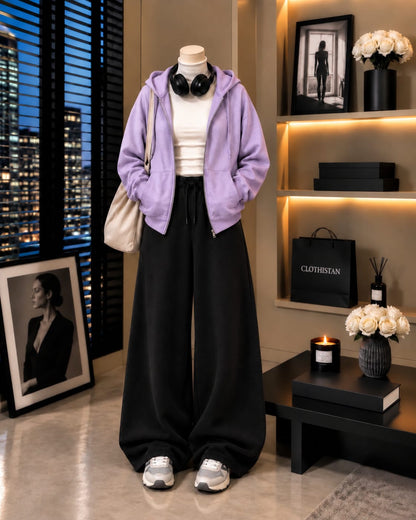 Zipper Hoodie,White Rib Net Highneck & Black Wide-Leg Trouser as Pack of Threes