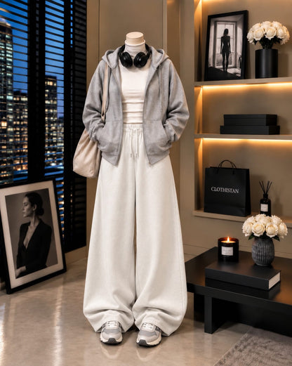 Zipper Hoodie,White Rib Net Highneck & White Wide-Leg Trouser as Pack of Threes