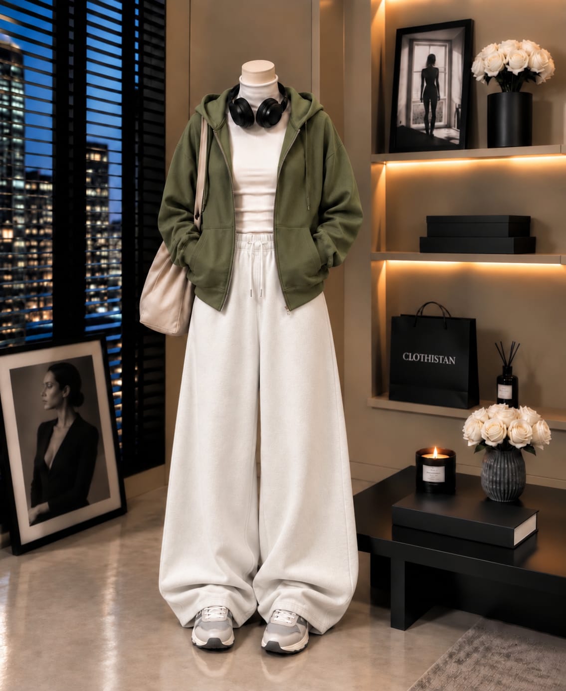 Zipper Hoodie,White Rib Net Highneck & White Wide-Leg Trouser as Pack of Threes
