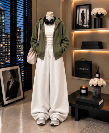 Zipper Hoodie,White Rib Net Highneck & White Wide-Leg Trouser as Pack of Threes