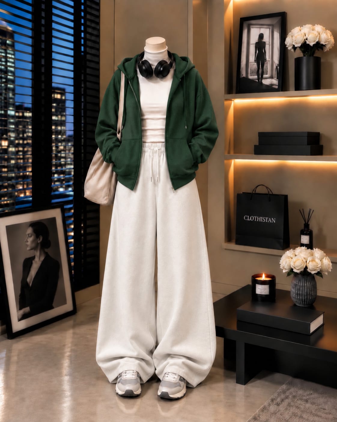 Zipper Hoodie,White Rib Net Highneck & White Wide-Leg Trouser as Pack of Threes