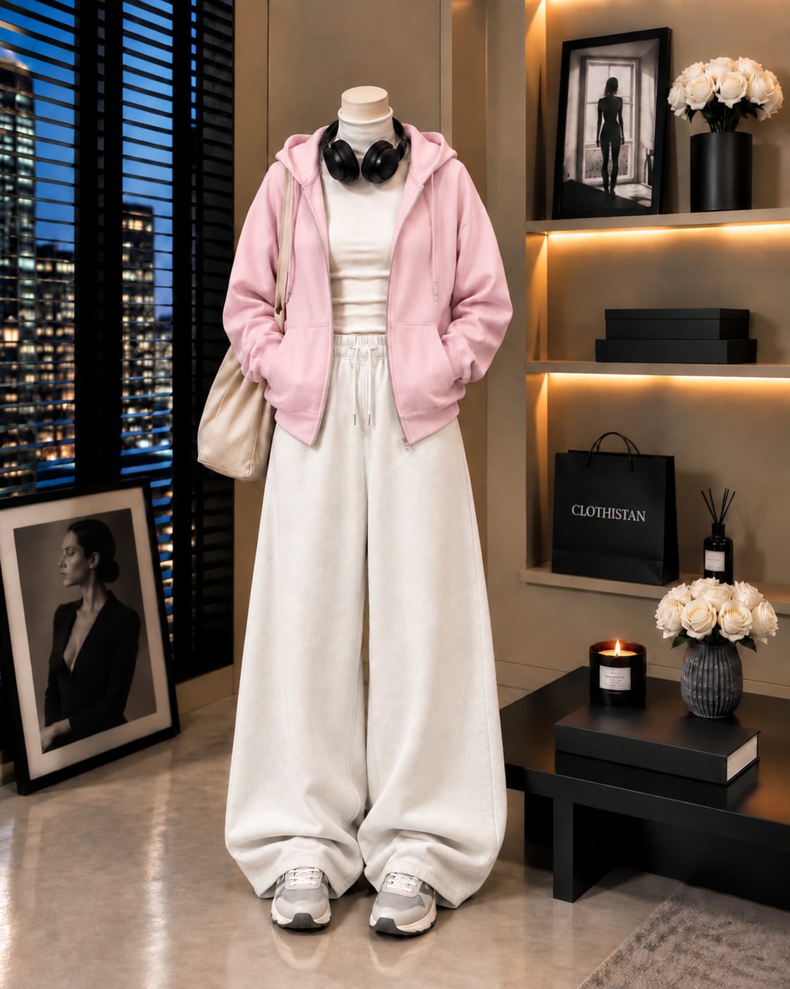 Zipper Hoodie,White Rib Net Highneck & White Wide-Leg Trouser as Pack of Threes