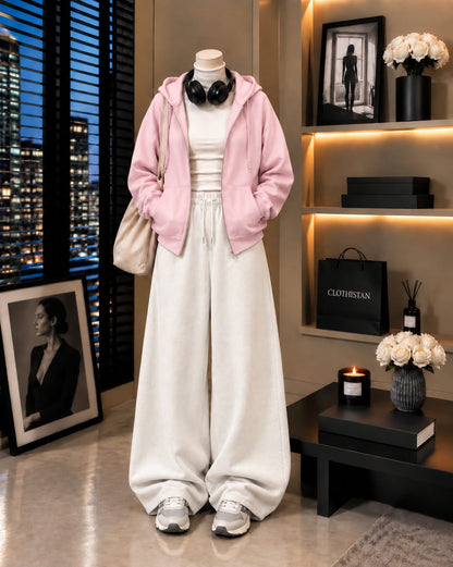Zipper Hoodie,White Rib Net Highneck & White Wide-Leg Trouser as Pack of Threes
