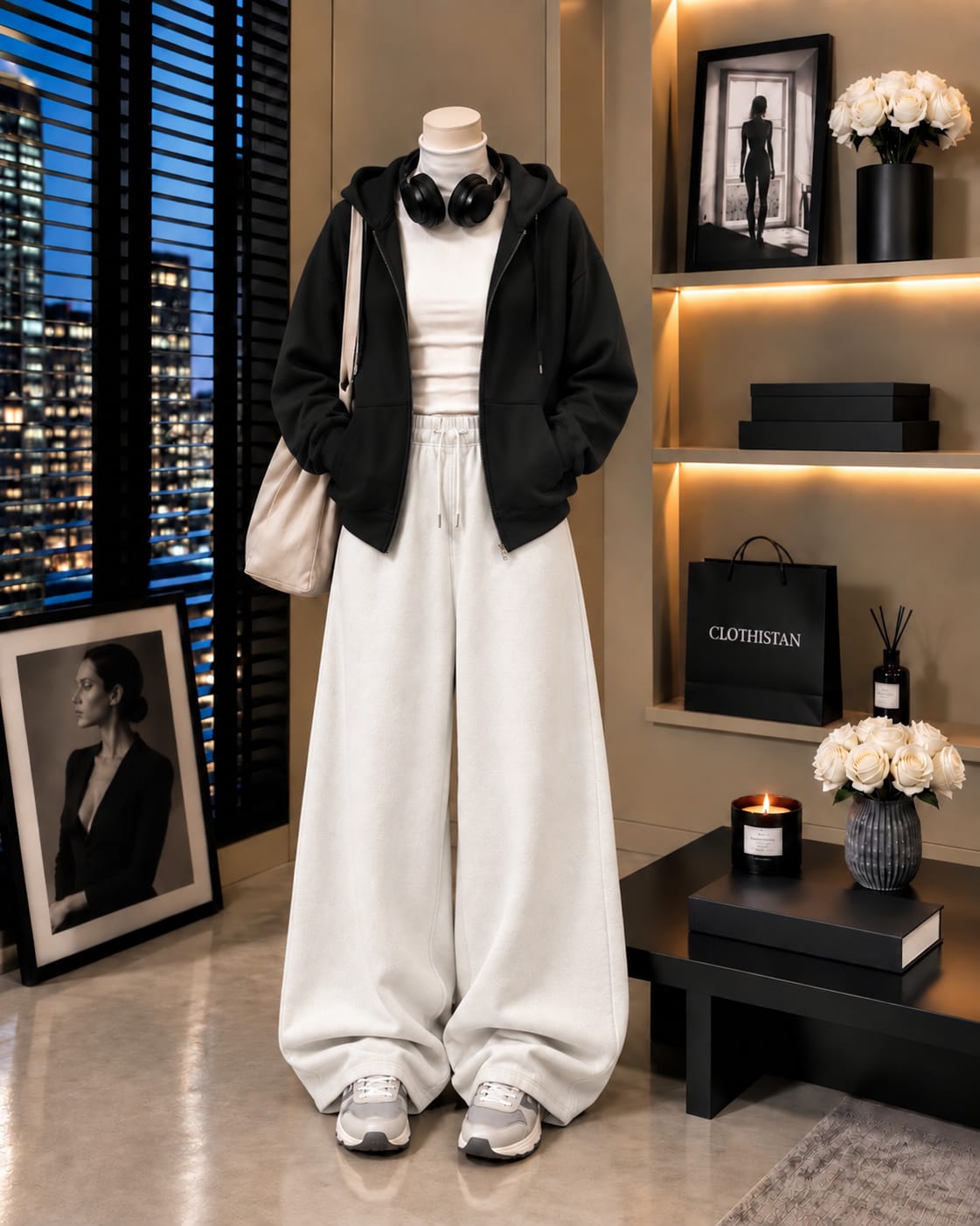 Zipper Hoodie,White Rib Net Highneck & White Wide-Leg Trouser as Pack of Threes