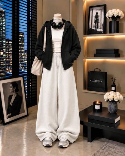 Zipper Hoodie,White Rib Net Highneck & White Wide-Leg Trouser as Pack of Threes