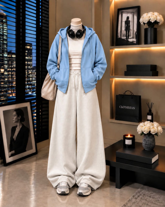 Zipper Hoodie,White Rib Net Highneck & White Wide-Leg Trouser as Pack of Threes