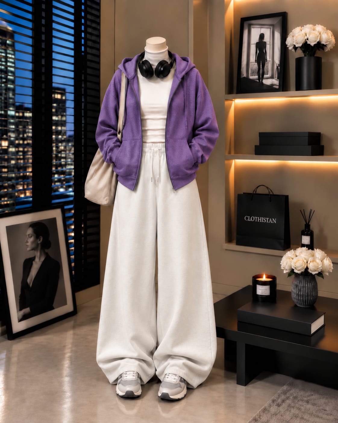 Zipper Hoodie,White Rib Net Highneck & White Wide-Leg Trouser as Pack of Threes