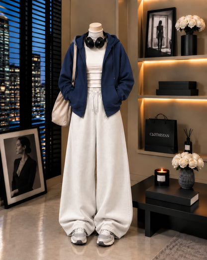 Zipper Hoodie,White Rib Net Highneck & White Wide-Leg Trouser as Pack of Threes