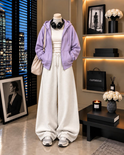 Zipper Hoodie,White Rib Net Highneck & White Wide-Leg Trouser as Pack of Threes