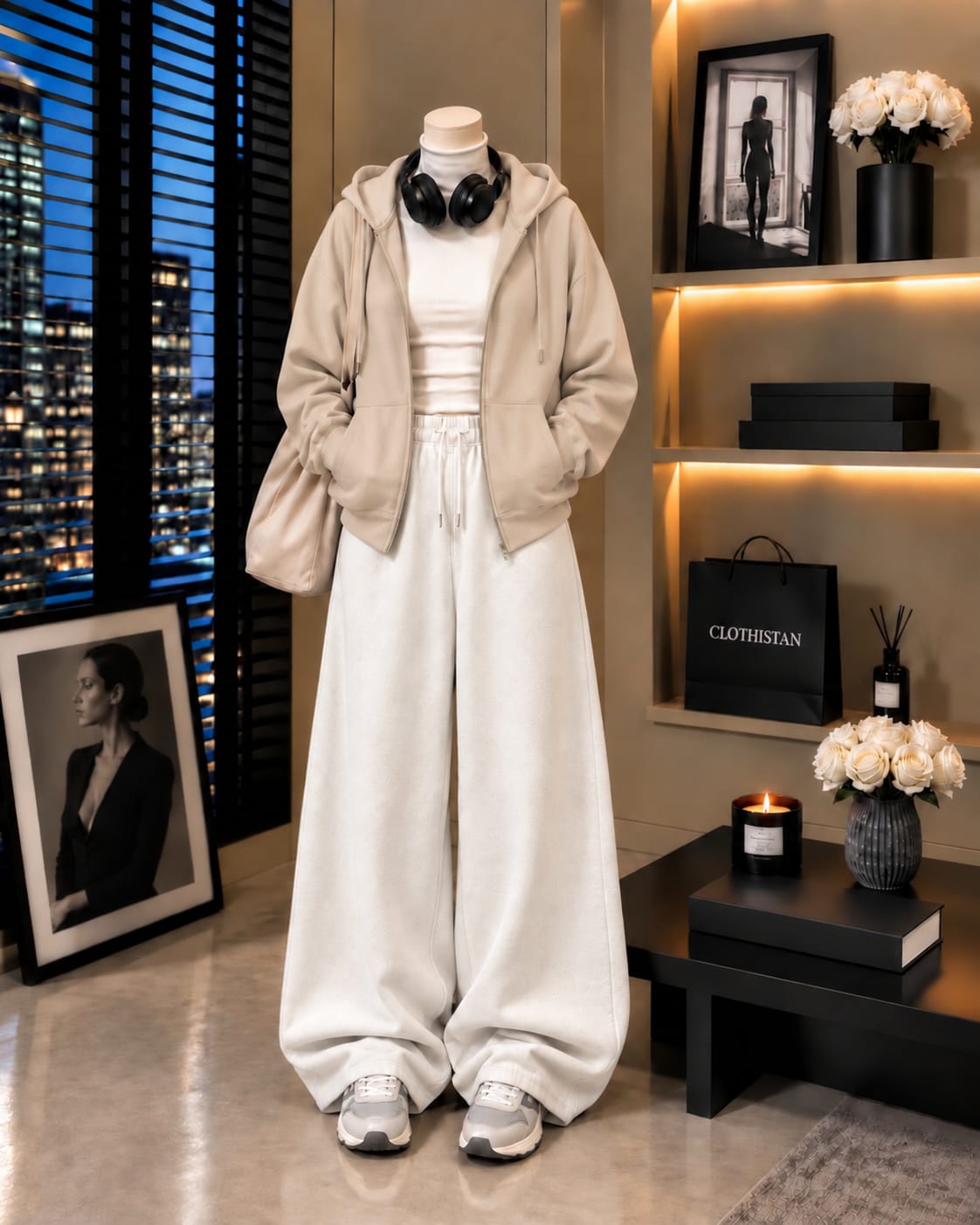 Zipper Hoodie,White Rib Net Highneck & White Wide-Leg Trouser as Pack of Threes