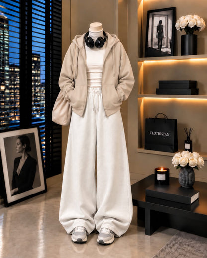 Zipper Hoodie,White Rib Net Highneck & White Wide-Leg Trouser as Pack of Threes