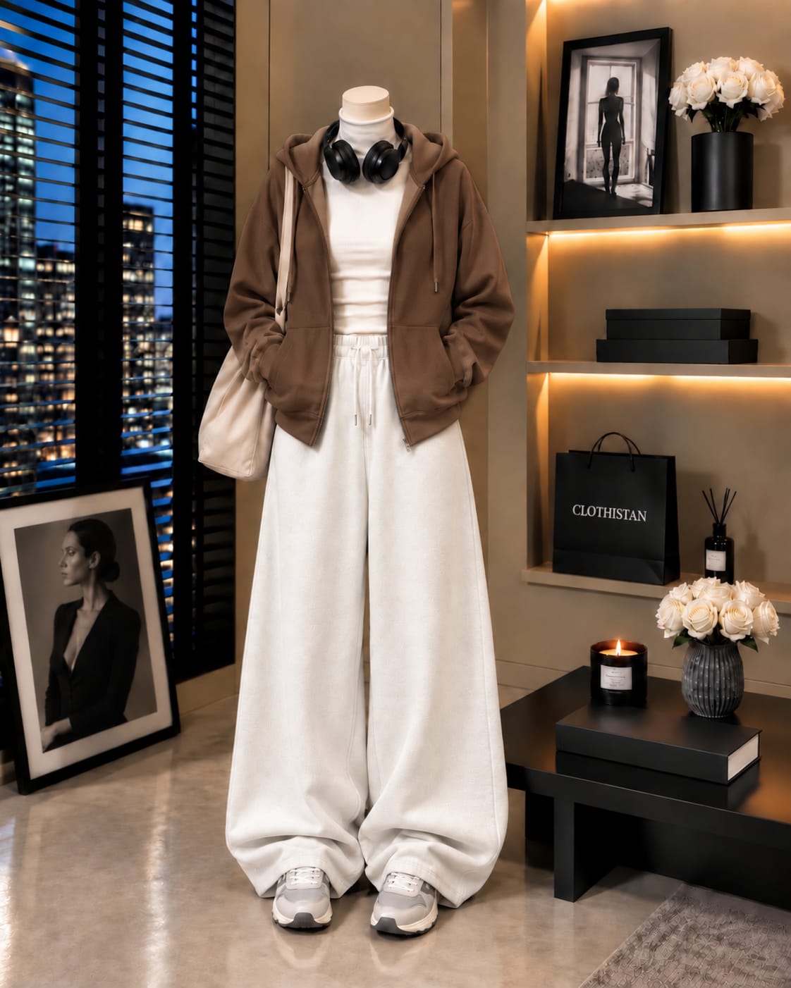 Zipper Hoodie,White Rib Net Highneck & White Wide-Leg Trouser as Pack of Threes