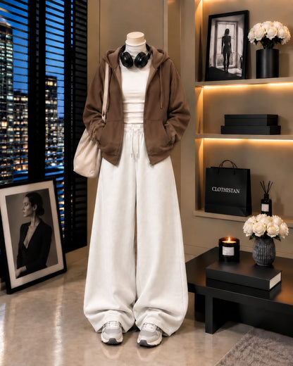 Zipper Hoodie,White Rib Net Highneck & White Wide-Leg Trouser as Pack of Threes