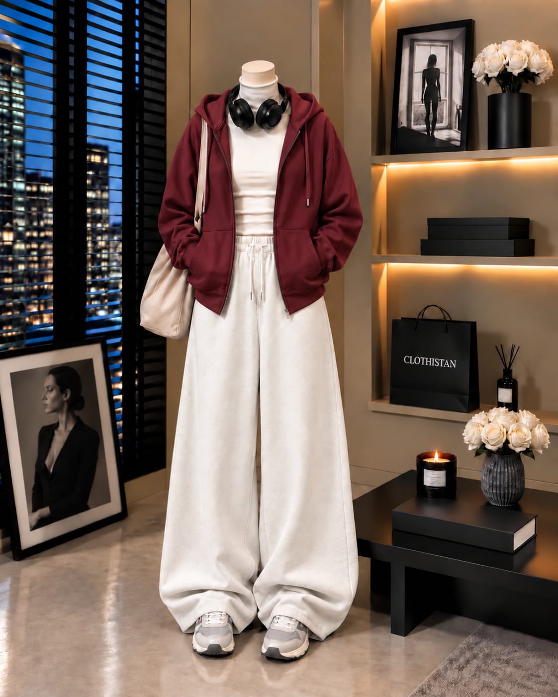 Zipper Hoodie,White Rib Net Highneck & White Wide-Leg Trouser as Pack of Threes