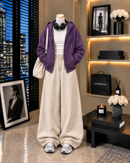 Zipper Hoodie,White Rib Net Highneck & Skin Wide-Leg Trouser as Pack of Threes