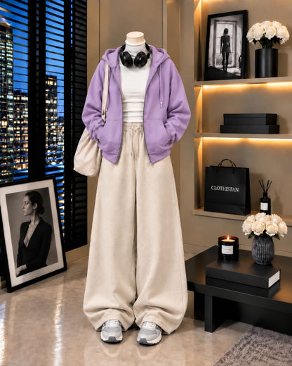 Zipper Hoodie,White Rib Net Highneck & Skin Wide-Leg Trouser as Pack of Threes