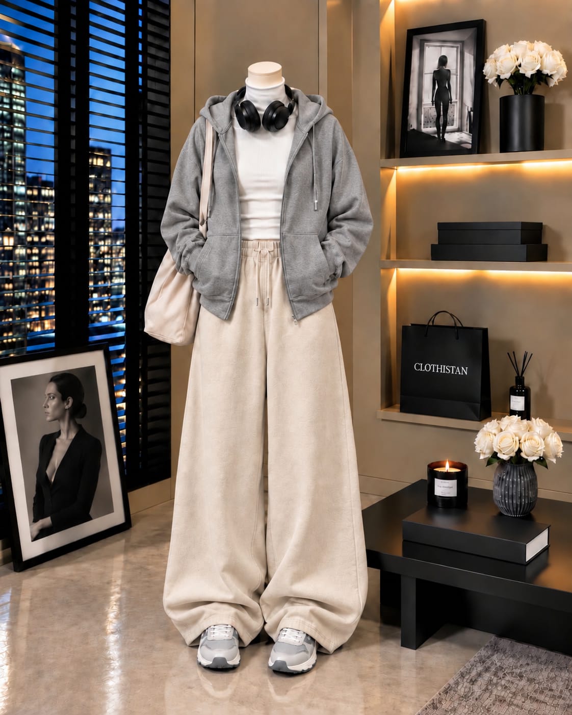 Zipper Hoodie,White Rib Net Highneck & Skin Wide-Leg Trouser as Pack of Threes