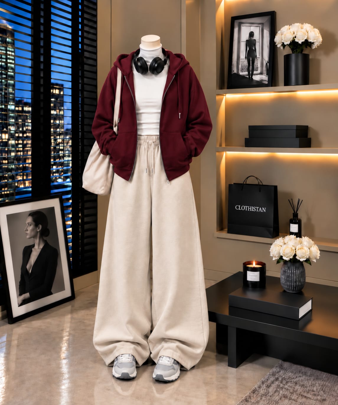 Zipper Hoodie,White Rib Net Highneck & Skin Wide-Leg Trouser as Pack of Threes