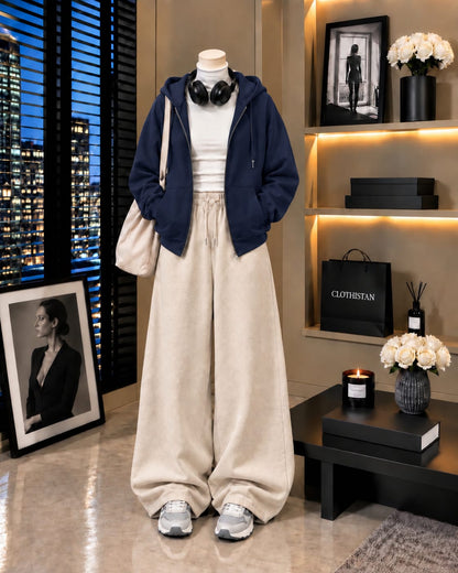 Zipper Hoodie,White Rib Net Highneck & Skin Wide-Leg Trouser as Pack of Threes