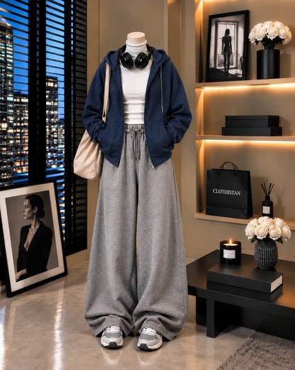 Zipper Hoodie,White Rib Net Highneck & Grey Wide-Leg Trouser as Pack of Threes
