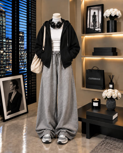 Zipper Hoodie,White Rib Net Highneck & Grey Wide-Leg Trouser as Pack of Threes