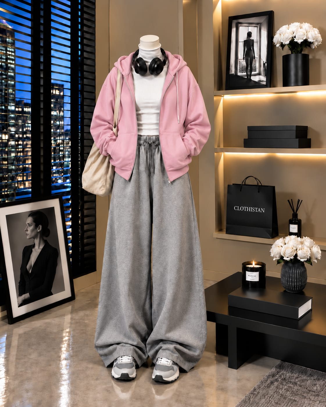 Zipper Hoodie,White Rib Net Highneck & Grey Wide-Leg Trouser as Pack of Threes