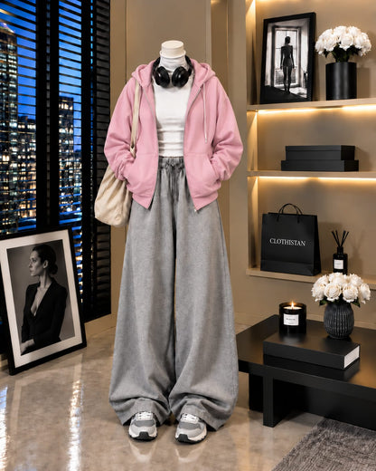Zipper Hoodie,White Rib Net Highneck & Grey Wide-Leg Trouser as Pack of Threes