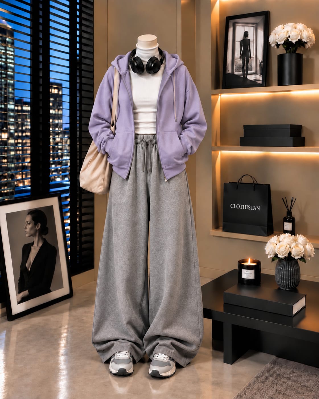 Zipper Hoodie,White Rib Net Highneck & Grey Wide-Leg Trouser as Pack of Threes