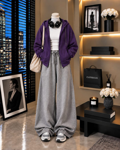 Zipper Hoodie,White Rib Net Highneck & Grey Wide-Leg Trouser as Pack of Threes