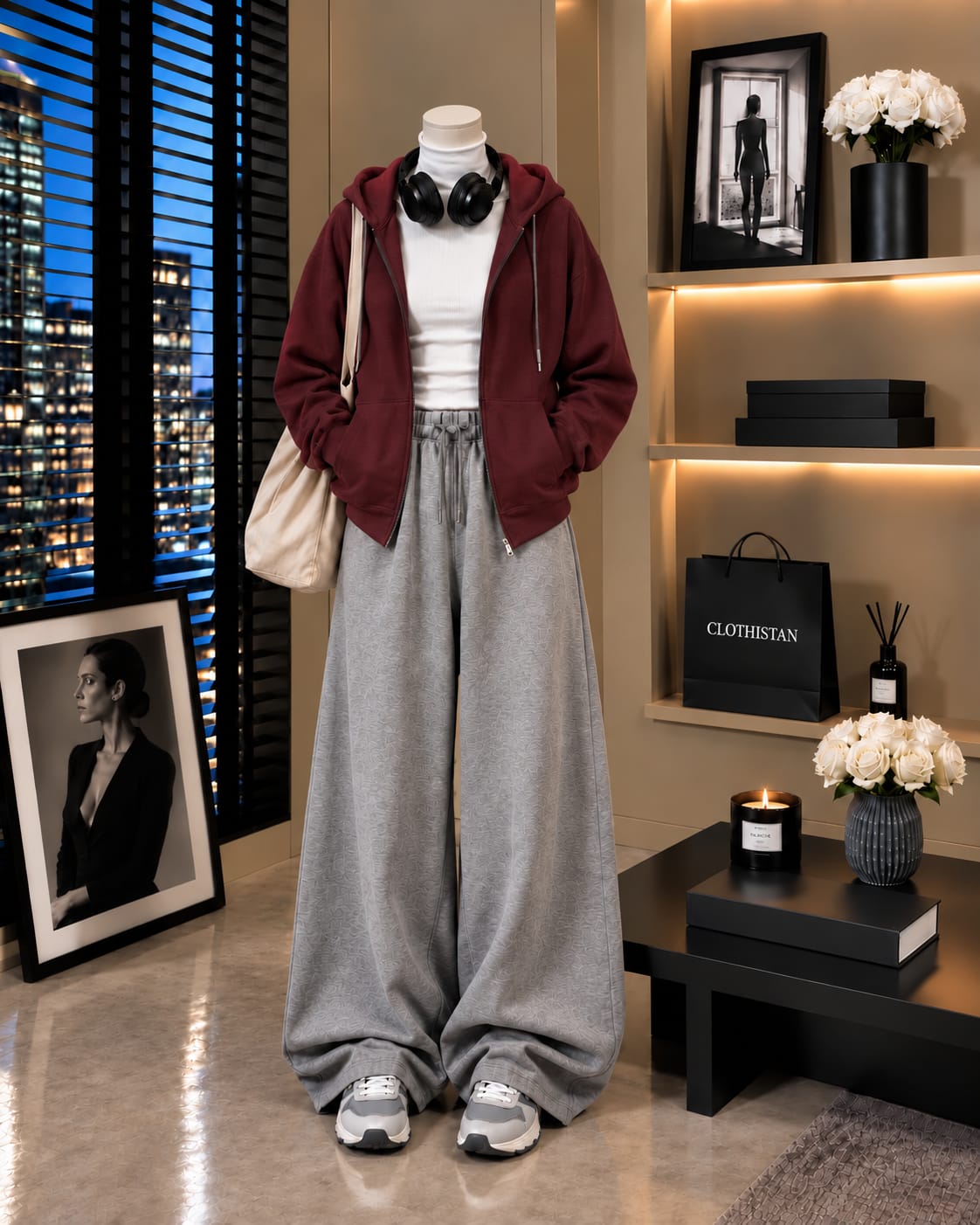 Zipper Hoodie,White Rib Net Highneck & Grey Wide-Leg Trouser as Pack of Threes