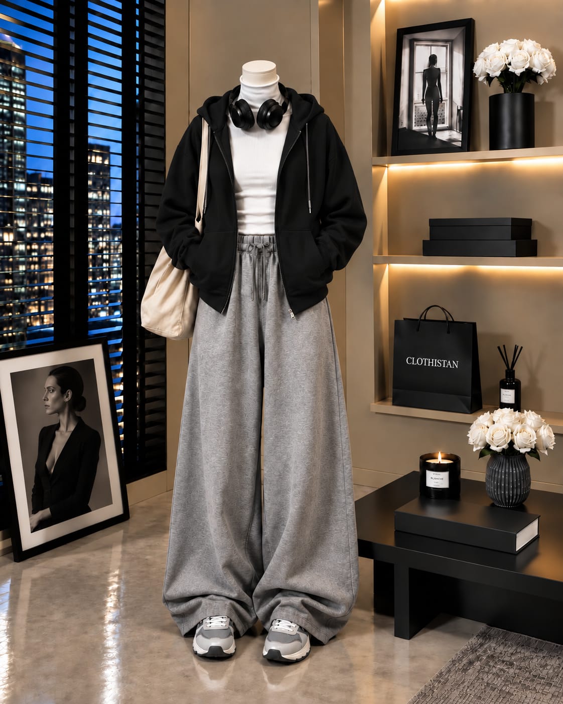 Zipper Hoodie,White Rib Net Highneck & Grey Wide-Leg Trouser as Pack of Threes