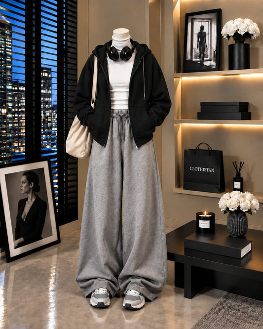 Zipper Hoodie,White Rib Net Highneck & Grey Wide-Leg Trouser as Pack of Threes