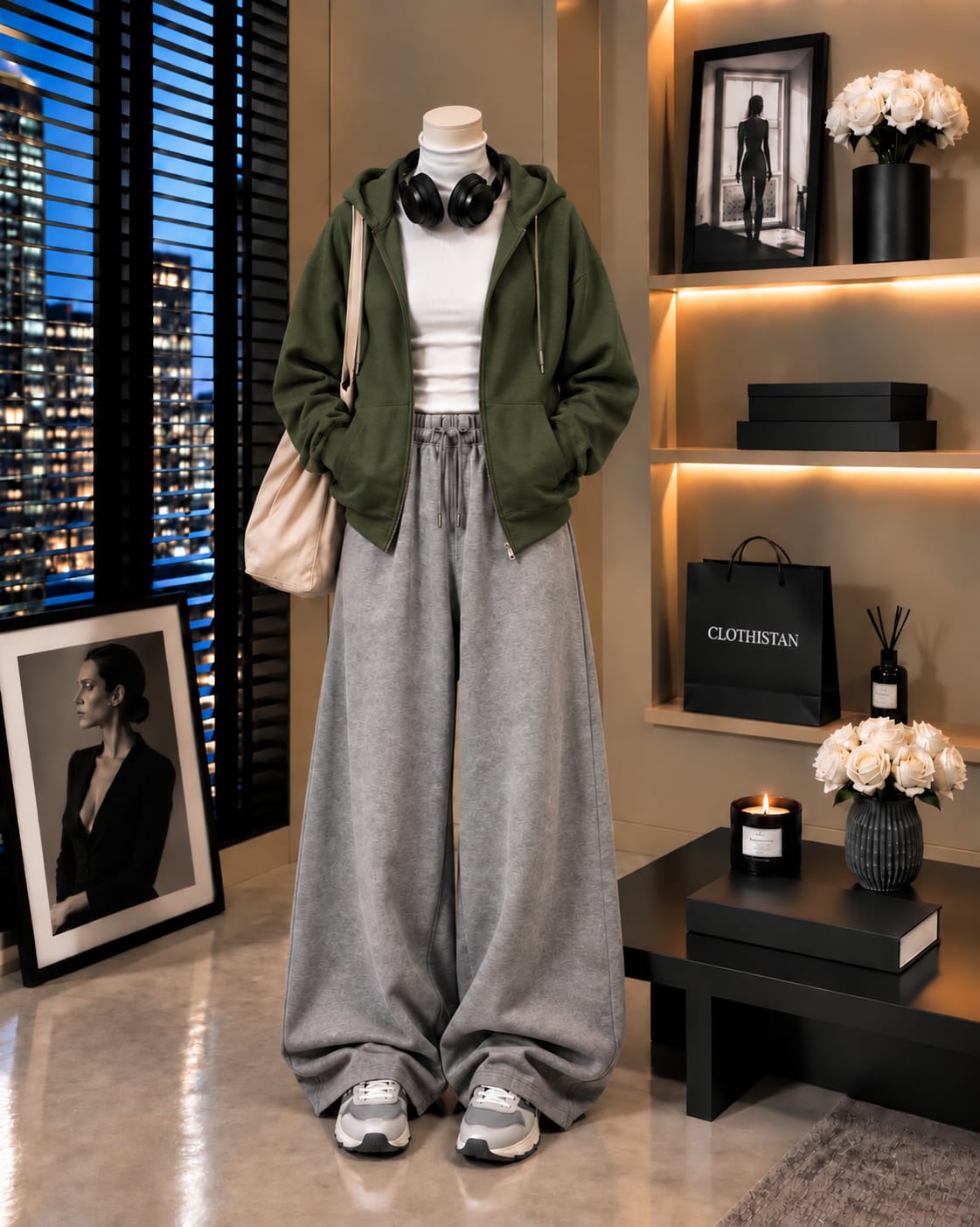 Zipper Hoodie,White Rib Net Highneck & Grey Wide-Leg Trouser as Pack of Threes