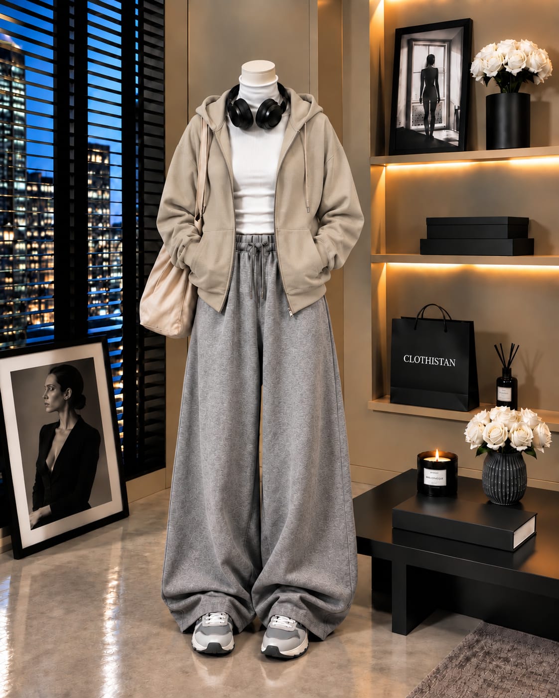 Zipper Hoodie,White Rib Net Highneck & Grey Wide-Leg Trouser as Pack of Threes