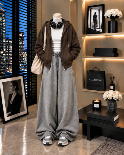 Zipper Hoodie,White Rib Net Highneck & Grey Wide-Leg Trouser as Pack of Threes
