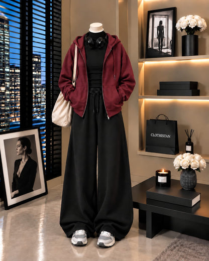 Zipper Hoodie,Black Rib Net Highneck & Black Wide-Leg Trouser as Pack of Threes