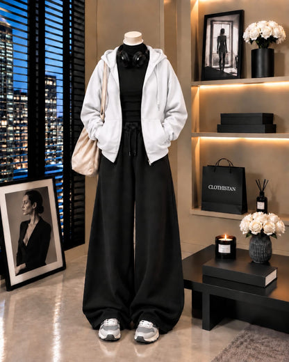 Zipper Hoodie,Black Rib Net Highneck & Black Wide-Leg Trouser as Pack of Threes