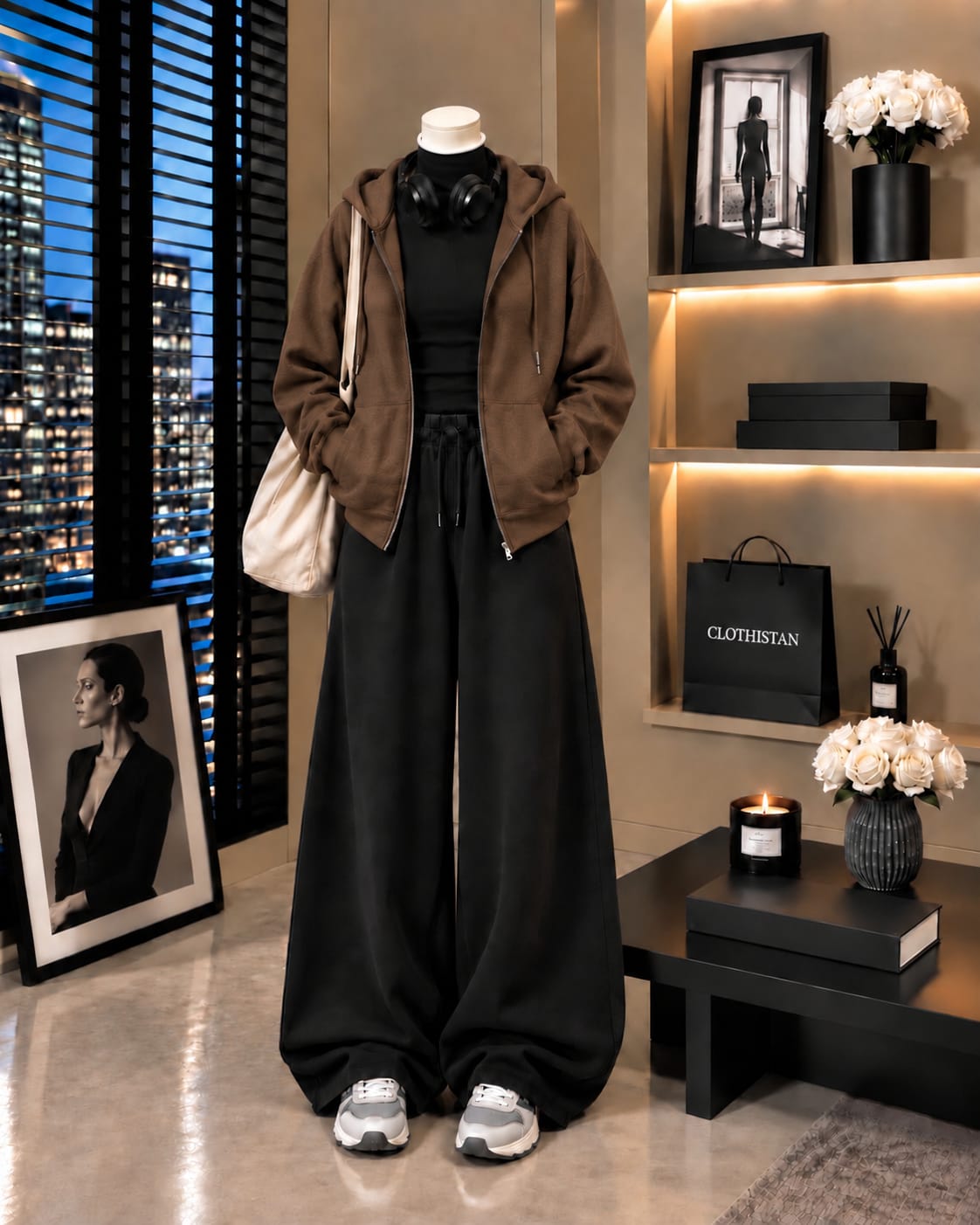 Zipper Hoodie,Black Rib Net Highneck & Black Wide-Leg Trouser as Pack of Threes