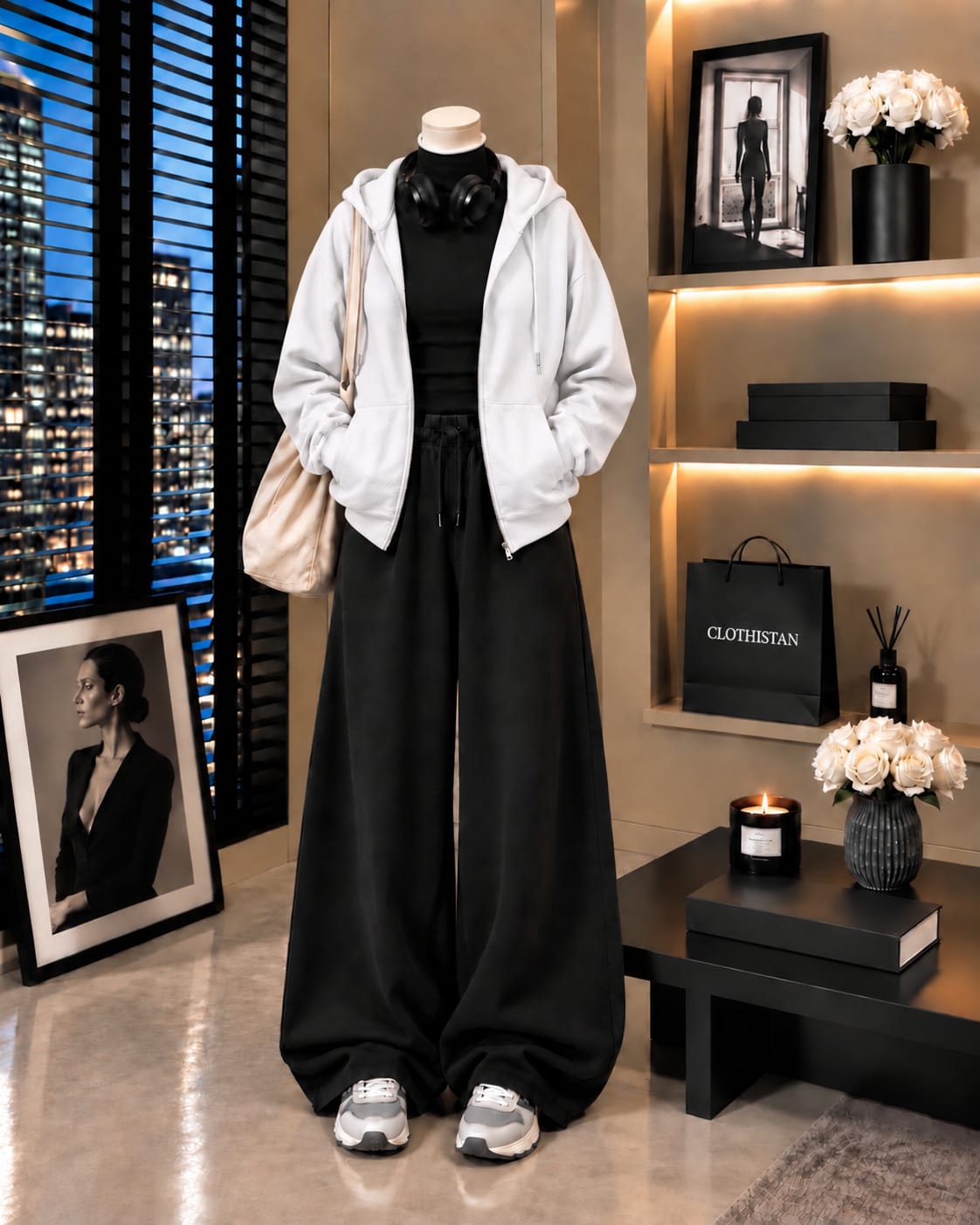 Zipper Hoodie,Black Rib Net Highneck & Black Wide-Leg Trouser as Pack of Threes