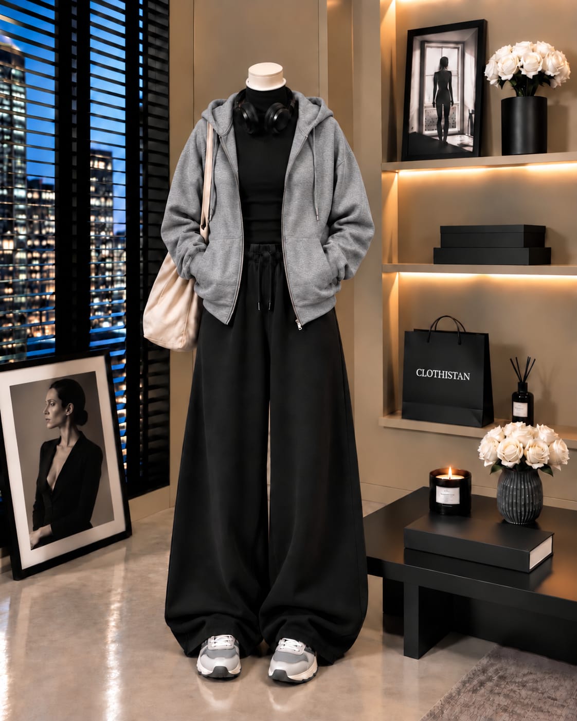 Zipper Hoodie,Black Rib Net Highneck & Black Wide-Leg Trouser as Pack of Threes