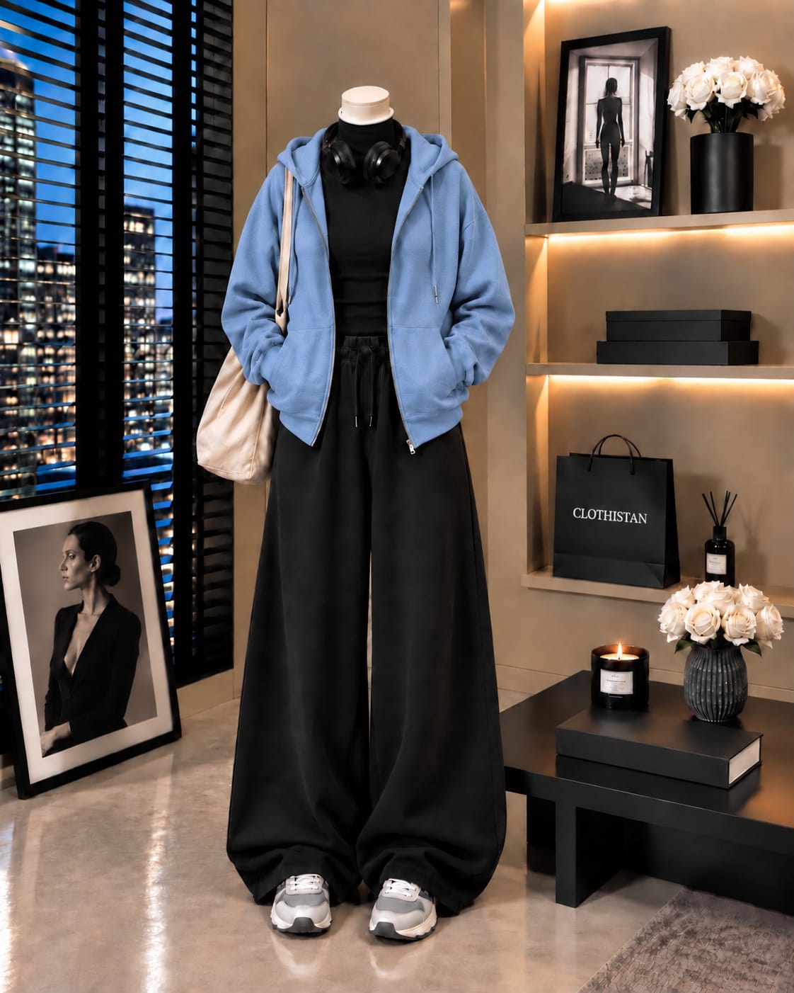 Zipper Hoodie,Black Rib Net Highneck & Black Wide-Leg Trouser as Pack of Threes
